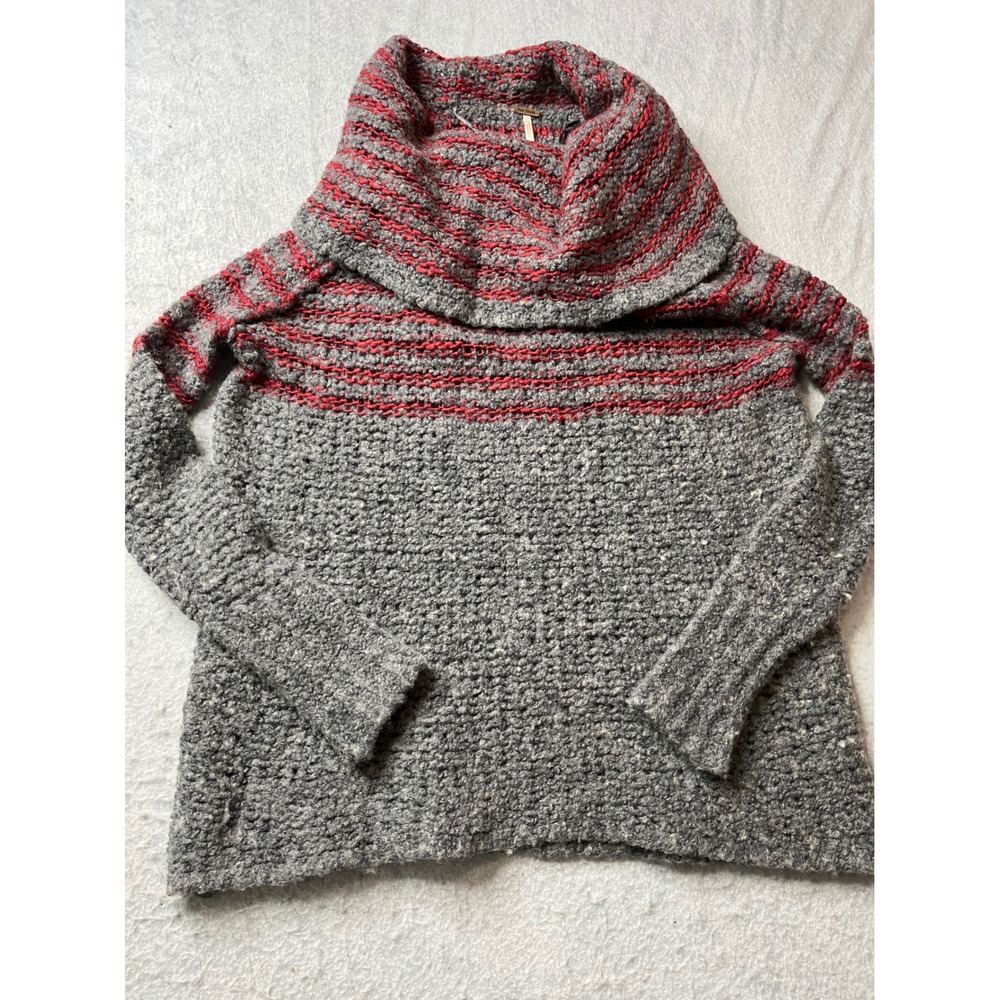 Free People Chunky Knit Cowl Neck Sweater Red Stripe Grey Textured Cozy Size S